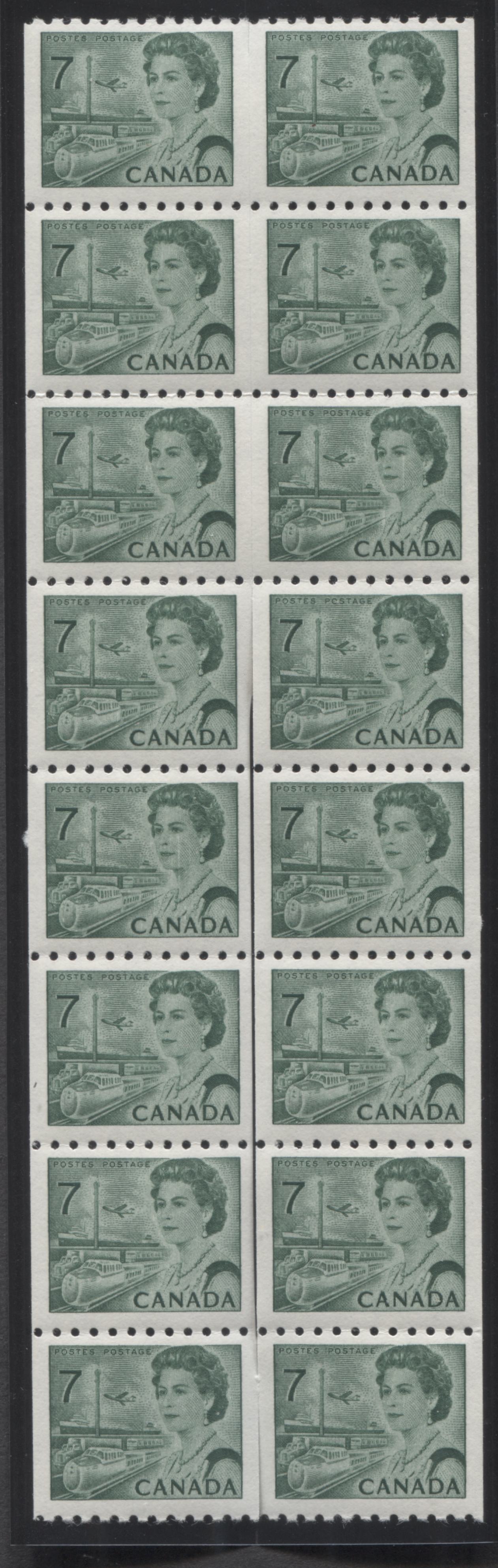 Lot 59 Canada #549 7c Emerald Green Queen Elizabeth II, 1967-1973 Centennials, A VFNH Coil Block Of 16 On HB10 Paper With Smooth Dex Gum, Greenish Black On Bluish White Under UV, Non-Constant Tear Flaws On 1/5 & 2/3