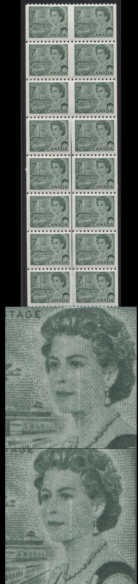 Lot 59 Canada #549 7c Emerald Green Queen Elizabeth II, 1967-1973 Centennials, A VFNH Coil Block Of 16 On HB10 Paper With Smooth Dex Gum, Greenish Black On Bluish White Under UV, Non-Constant Tear Flaws On 1/5 & 2/3