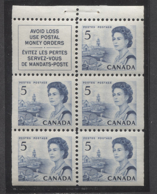 Lot 6 Canada #458ai 5c Light Blue Queen Elizabeth II, 1967-1973 Centennials, A VFNH Booklet Pane Of 5+Label On Off-White LF3-fl Paper With Smooth Dex Gum, Dark Blue On Light Violet Under UV