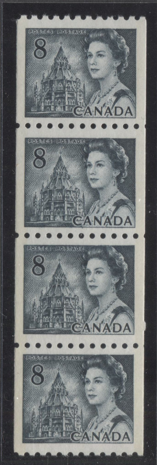 Lot 61 Canada #550pvi 8c Deep Slate Queen Elizabeth II, 1967-1973 Centennials, A VFNH GT2 Tagged Coil Strip Of 4 On DF1-fl Paper With PVA Gum, Black On Light Violet Under UV, Wide (4mm) & Narrow (3.5mm) Spacing