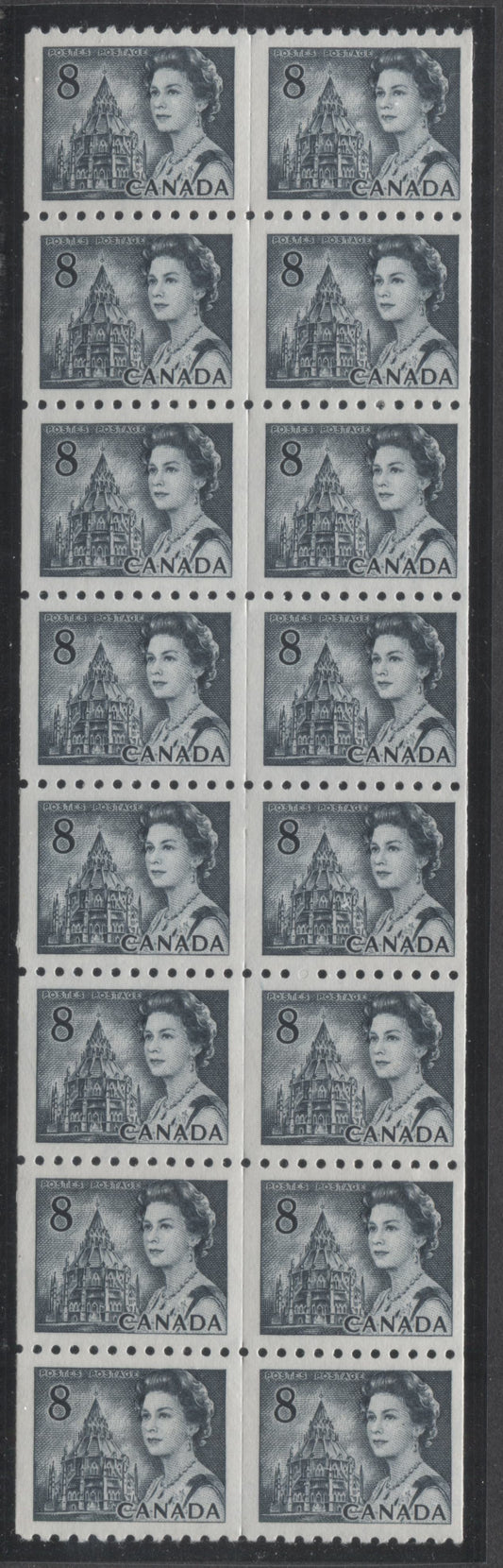 Lot 65 Canada #550 8c Slate Queen Elizabeth II, 1967-1973 Centennials, A VFNH Unsevered Coil Block Of 16 On White DF2 Paper With PVA Gum, Black On Light Violet Under UV