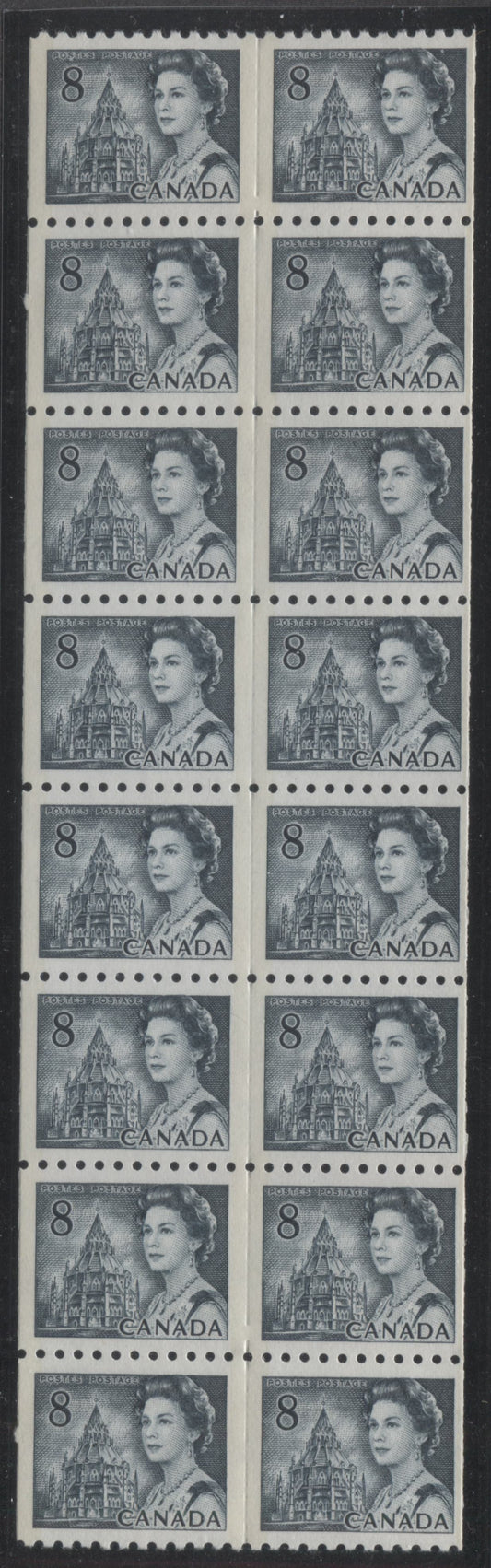 Lot 66 Canada #550p 8c Slate Queen Elizabeth II, 1967-1973 Centennials, A VFNH GT2 Tagged Unsevered Coil Block Of 16 On White F5 Paper With PVA Gum, Black On Light Vioelt Under UV