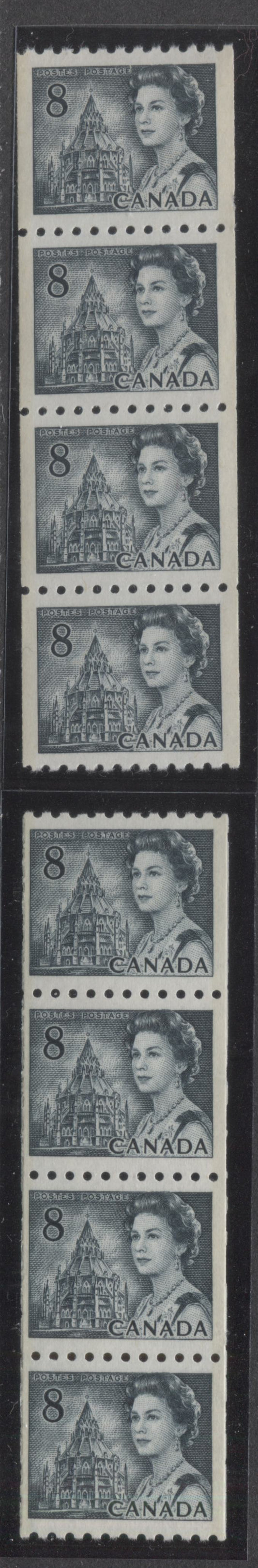 Lot 69 Canada #550pv,pvi 8c Slate Queen Elizabeth II, 1967-1973 Centennials, 2 VFNH GT2 Tagged Coil Strips Of 4 On White DF2 & LF3-fl Papers With PVA Gum, 4mm & 3mm OP2