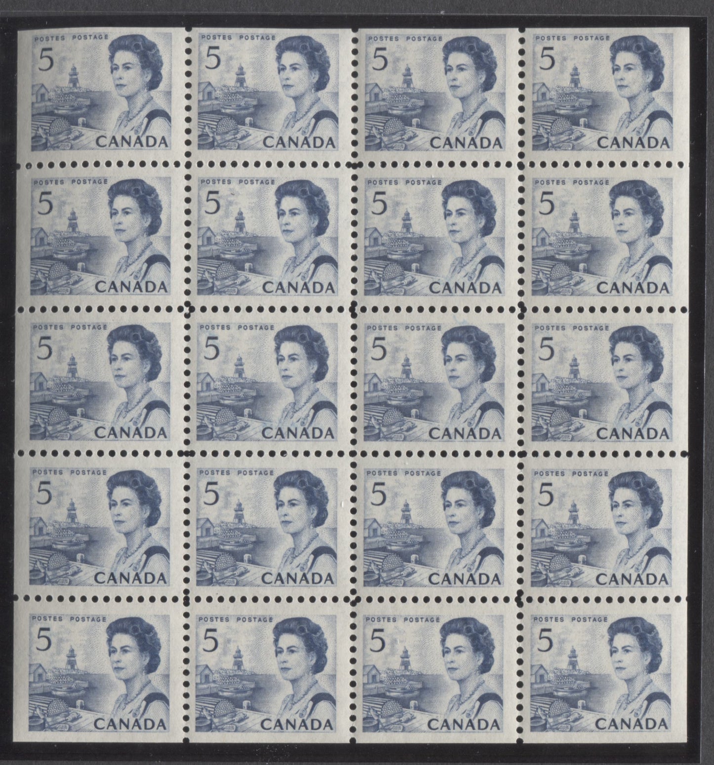 Lot 81 Canada #458b 5c Dark Blue Queen Elizabeth II, 1967-1973 Centennials, A VFNH Miniature Pane Of 20 On Off-White DF2 Paper With Streaky Dex Gum, Black On Violet Gray Under UV