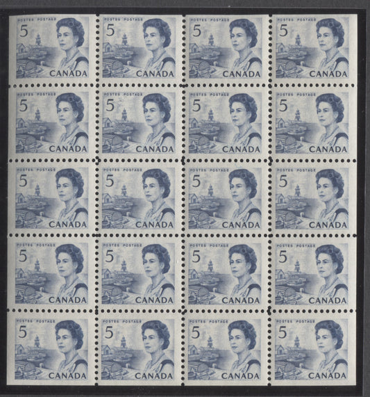 Lot 81 Canada #458b 5c Dark Blue Queen Elizabeth II, 1967-1973 Centennials, A VFNH Miniature Pane Of 20 On Off-White DF2 Paper With Streaky Dex Gum, Black On Violet Gray Under UV