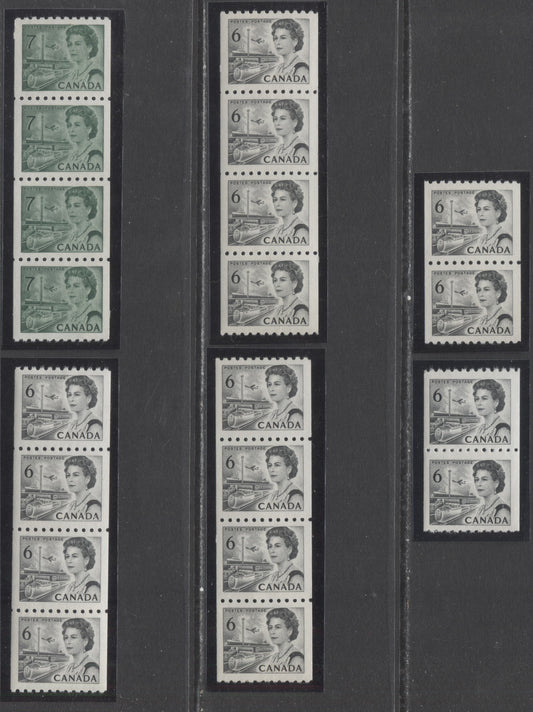 Lot 84 Canada #468B, 549 6c & 7c Gray Black & Green Queen Elizabeth II, 1967-1973 Centennials, 6 VFNH Coil Pairs & Strips Of 4 On HB10 & HB11 Papers With Streaky & Smooth Dex Gums, Black On Blue/Bluish White/Light Blue Under UV