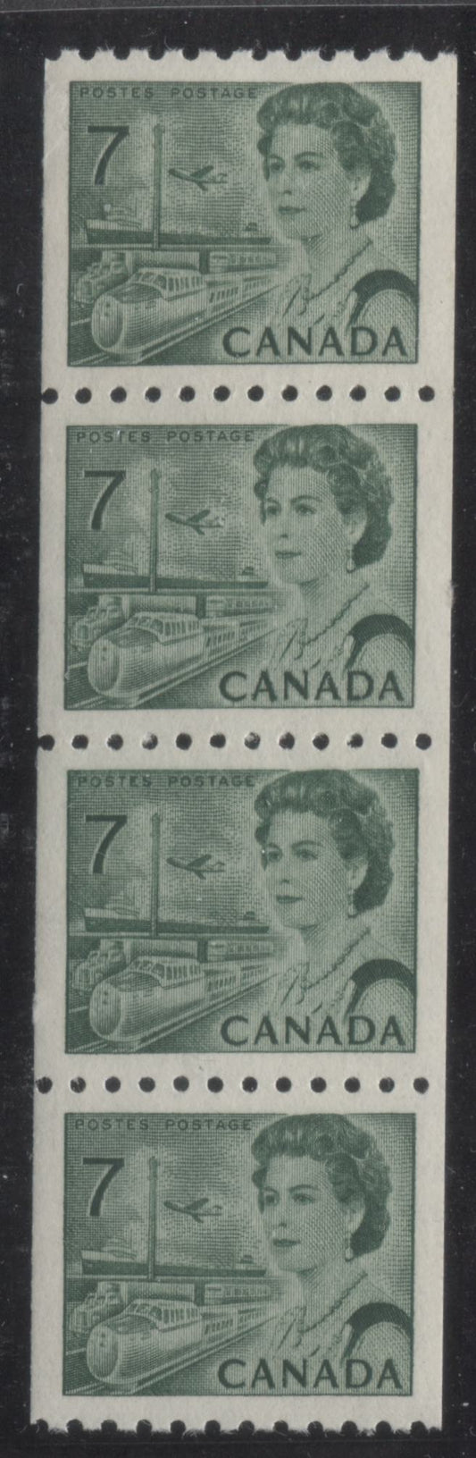 Lot 86 Canada #549 7c Green Queen Elizabeth II, 1967-1973 Centennials, A VFNH Coil Strip Of 4 On Bright White HB10 Paper With Streaky Dex Gum, Black On Light Blue Under UV, Jump Between 2/3