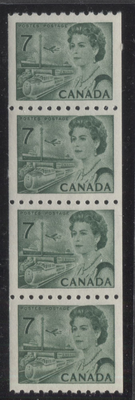 Lot 87 Canada #549 7c Green Queen Elizabeth II, 1967-1973 Centennials, A VFNH Coil Strip Of 4 On Bright White HB10 Paper With Streaky Dex Gum, Black On Light Blue Under UV, Narrow Spacing Between 1/2