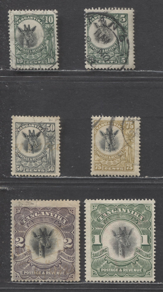 Lot 439 Tanganyika SC#11/24a 1922-1925 Giraffe Definitives, 50c, 1/- & 2/6 Have Fiscal Cancels & 2/- & Sideways Wmk, 6 Fine/Very Fine Used Singles, Click on Listing to See ALL Pictures, Estimated Value $20