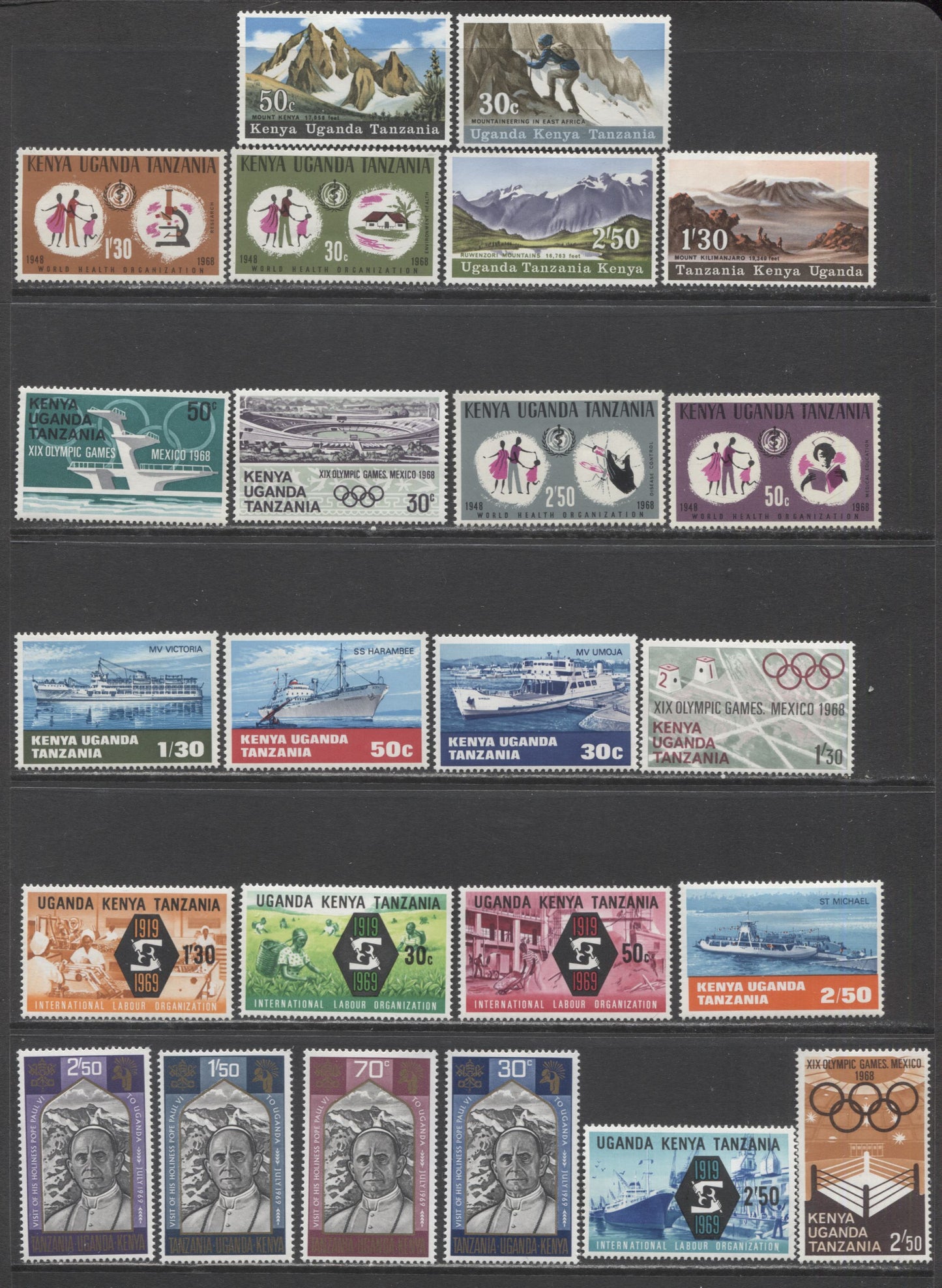 Lot 476 Kenya Uganda Tanganyika SC#181-204 1968-1969 Mountain Climbing - Pope Paul VI Visit Issues, 24 VFOG/NH Singles, Click on Listing to See ALL Pictures, Estimated Value $5