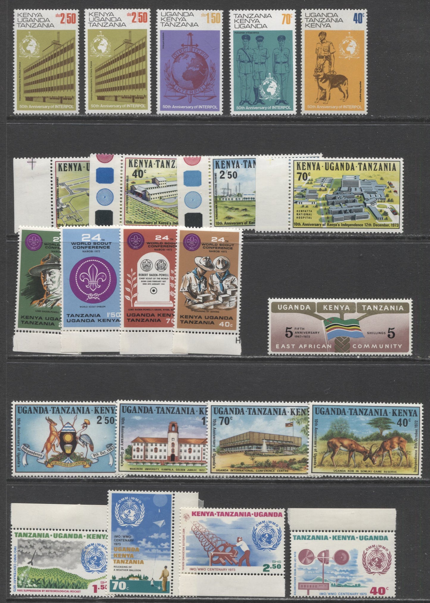 Lot 479 Kenya Uganda Tanganyika SC#254/279 1972-1973 Independence 10th Anniversary - Interpol Issues, 22 VFNH Singles, Click on Listing to See ALL Pictures, 2017 Scott Cat. $18.45