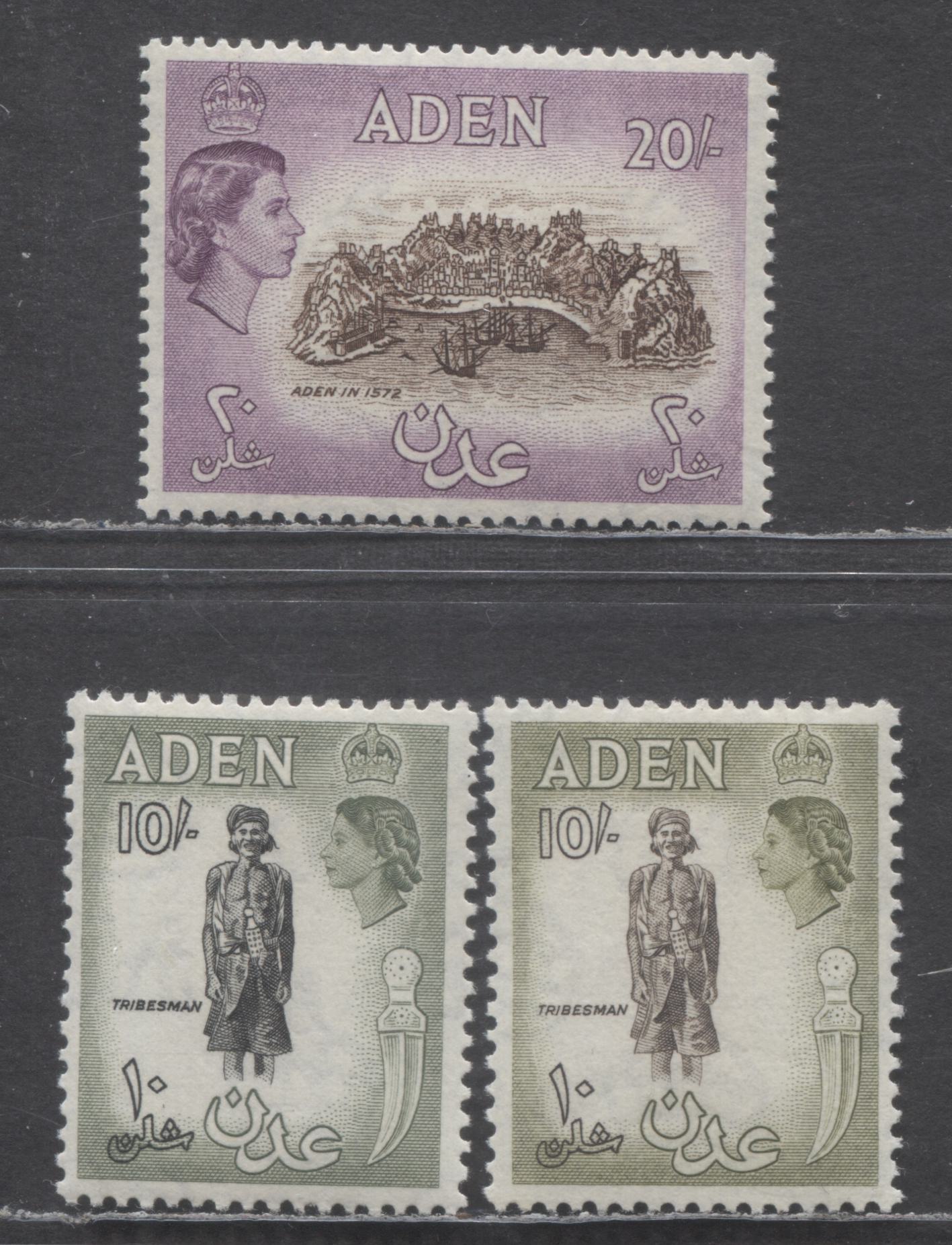 Lot 51 Aden SC#59-61 1953-1959 10/- and 1 Pound Queen Elizabeth II Definitives, 3 VFOG Singles, Click on Listing to See ALL Pictures, Estimated Value $15