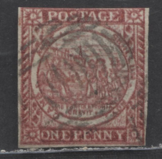 Lot 61A Australian States - New South Wales SC#2 1p Red Carmine 1850 Colony Seal Issue, On Yellowish Wove Paper, Light Barred Cancel, Margins Clear On 3 Sides, A Fine Used Single, Estimated Value $300