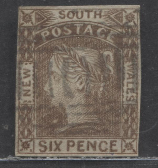 Lot 64 Australian States - New South Wales SC#18 6d Brown 1852-1855 Queen Victoria Issue, Laureate Plate 1, 4 Clear Margins But Expertly Repaired Along 2 Margins, Light Cancel, An Ungraded Single, Estimated Value $80