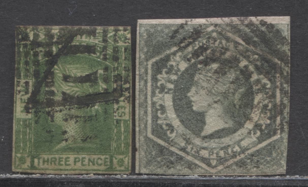 Lot 65 Australian States - New South Wales SC#25/29a 1854-1855 Imperf Diadem Issue, Margins Clear To Just Touching At UR On 3d & Clear To Touching Two Sides On 6d, Typical Grid Cancel, 2 Very Good Used Singles, Estimated Value $30