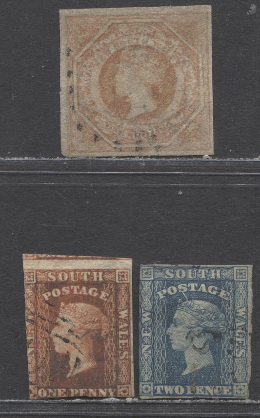 Lot 67 Australian States - New South Wales SC#31a-33b 1854-1856 Imperf Diadem Issue, Good Clear Margins But Tear At Base (1/-), Other Two Are Sound, Wmks 12, 1 & 5, 3 Good/Very Good Used Singles, Estimated Value $35