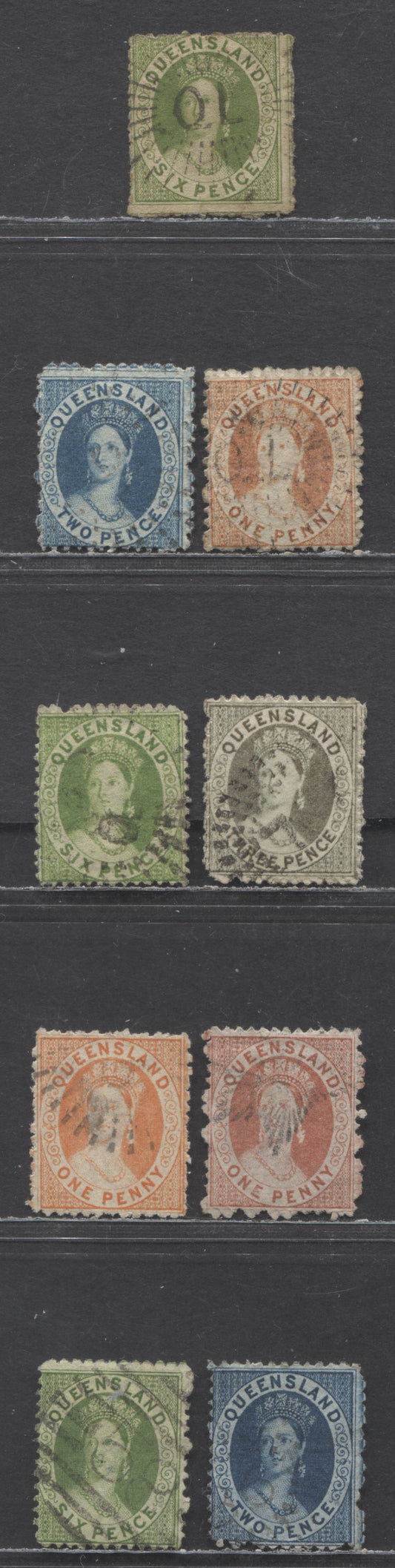 Lot 90 Australian States - Queensland SC#16/44 1862-1878 Chalon Heads Issue, Various Watermarks & Perfs, 9 Very Good/Fine Used Singles, Click on Listing to See ALL Pictures, Estimated Value $25