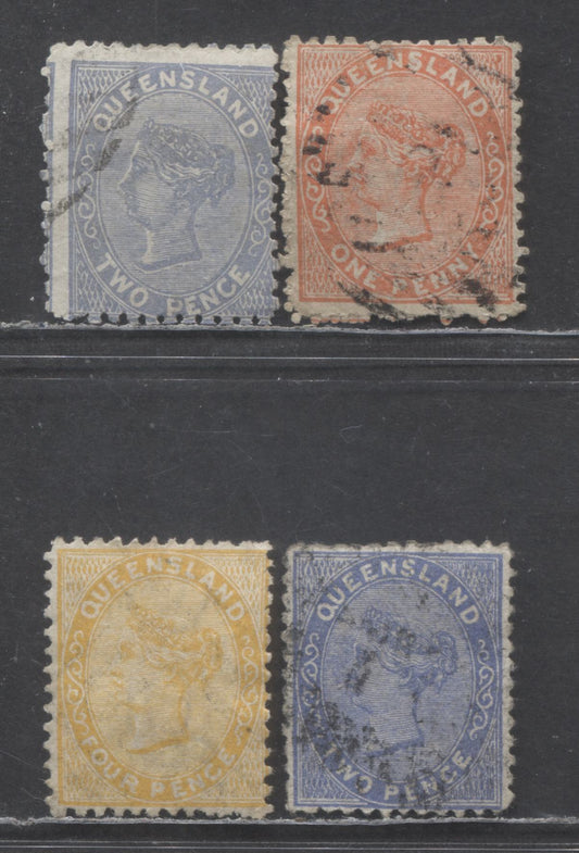 Lot 92 Australian States - Queensland SC#57-59 1879-1881 Queen Victoria First Sidefaces Issue, Crown Over Q Wmk, 4 Fine/Very Fine Used Singles, Click on Listing to See ALL Pictures, Estimated Value $25