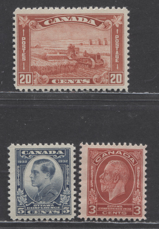 Canada #192-193, 175 3c, 5c & 20c Deep Red/Brown Red Harvesting Wheat - Prince Of Wales, 1930-1932 Arch/Leaf & Imperial Economic Conference Issues, 3 FNH Singles With Cream Gum (#175) & Yellowish Gum (#193)