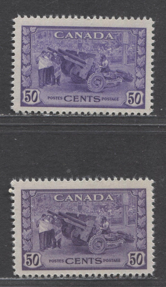 Lot 75 (C) Canada #261 50c Bright Violet & Dull Violet Munitions Factory, 1942-1943 KGVI War Issue, 2 VFNH Singles On Vertical Wove & Horizontal Ribbed Papers With Cream Gum