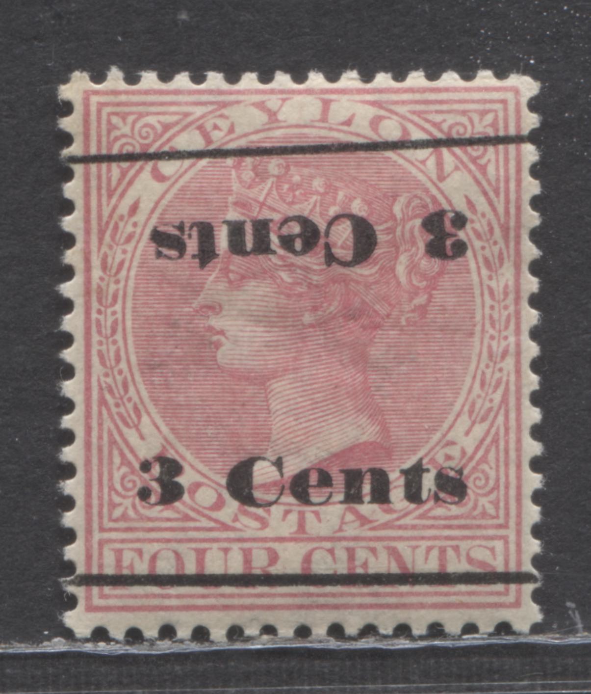 Lot 417A Ceylon SC#156a 3c on 4c Rose 1890 Surcharge Issue, Double Sur ...