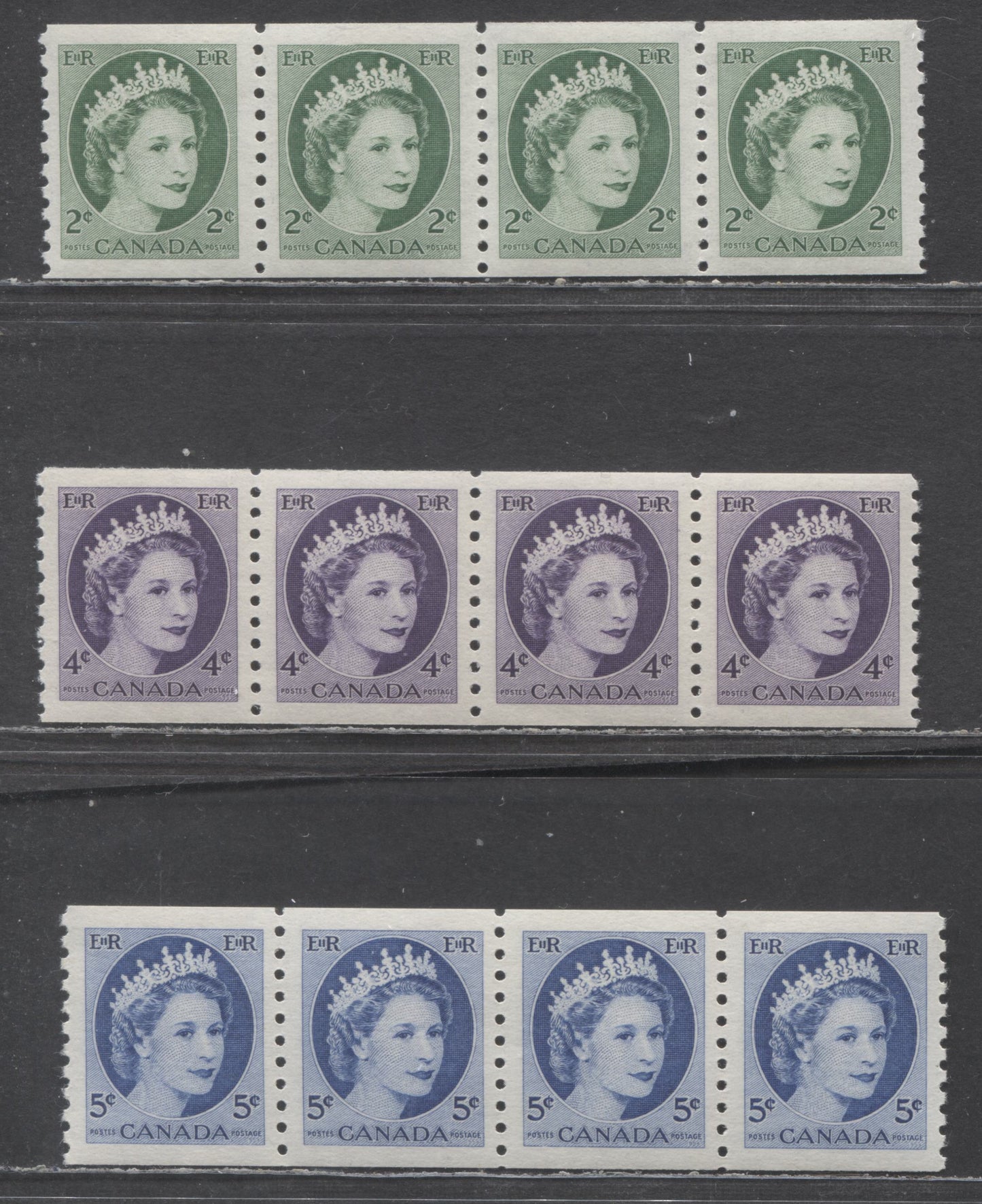 Lot 44 Canada #345-348 2c-5c Green-Bright Blue Queen Elizabeth II, 1954 Wilding Coil Issue, 3 VFNH Coil Strips Of 4 With Different Papers