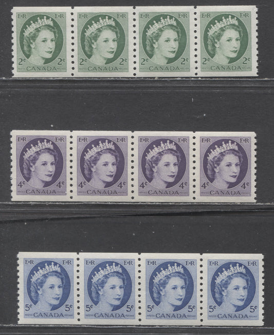 Lot 44 Canada #345-348 2c-5c Green-Bright Blue Queen Elizabeth II, 1954 Wilding Coil Issue, 3 VFNH Coil Strips Of 4 With Different Papers