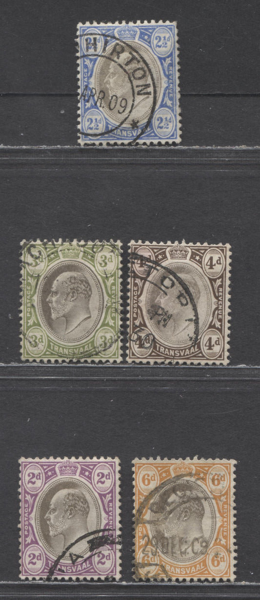 Lot 480 Transvaal SC#270 (262)-274 (266b) 1904-1909 Edward VII Issue, On Chalky Paper, Multiple Crown CA Wmk, 5 Very Fine Used Singles, Click on Listing to See ALL Pictures, Estimated Value $12