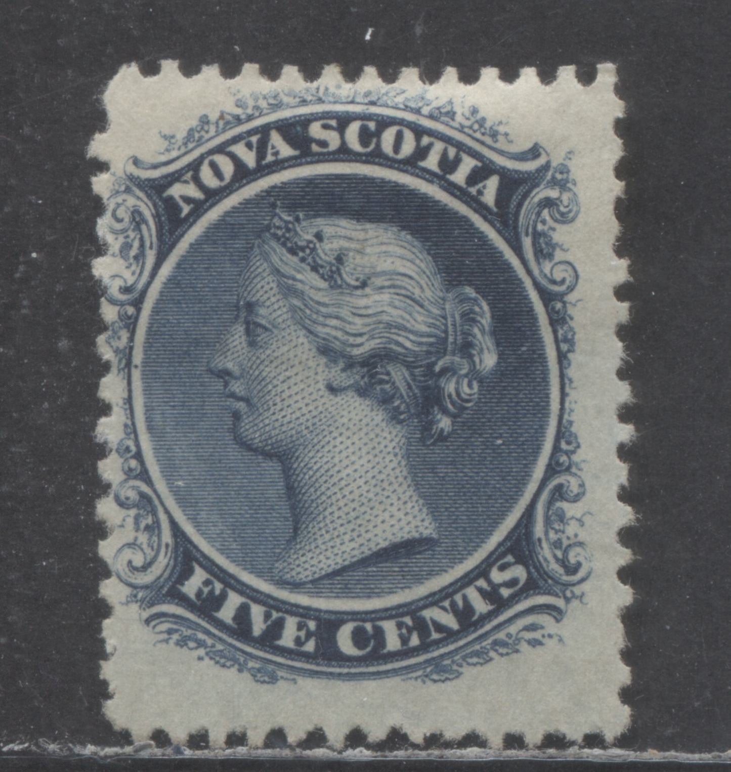 Lot 5 Nova Scotia #10c 5c Dark Blue, 1860 - 1853 Queen Victoria Issue, A Fine Unused Single On White Paper, Perf 12x11 3/4