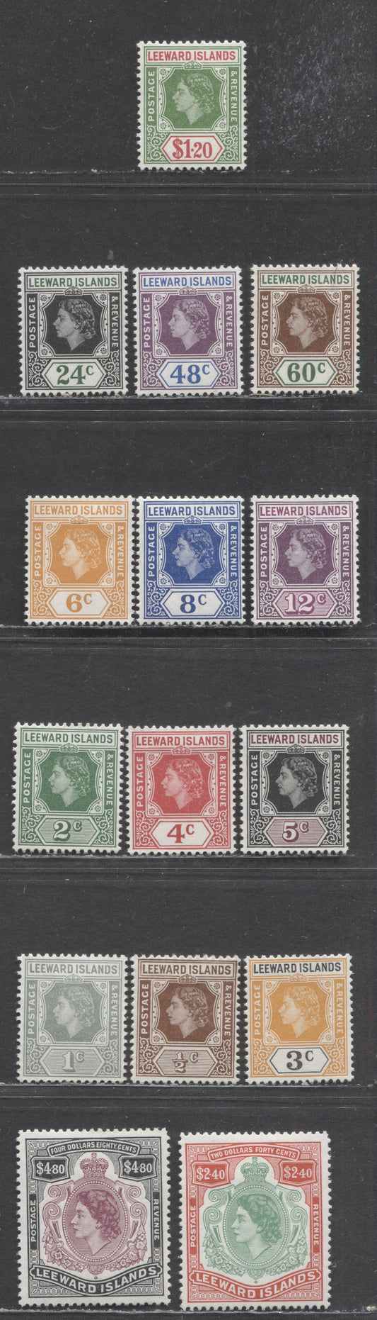 Lot 51 Leeward Islands SC#133-147 1954 Definitives, 15 VFOG Singles, Click on Listing to See ALL Pictures, Estimated Value $35