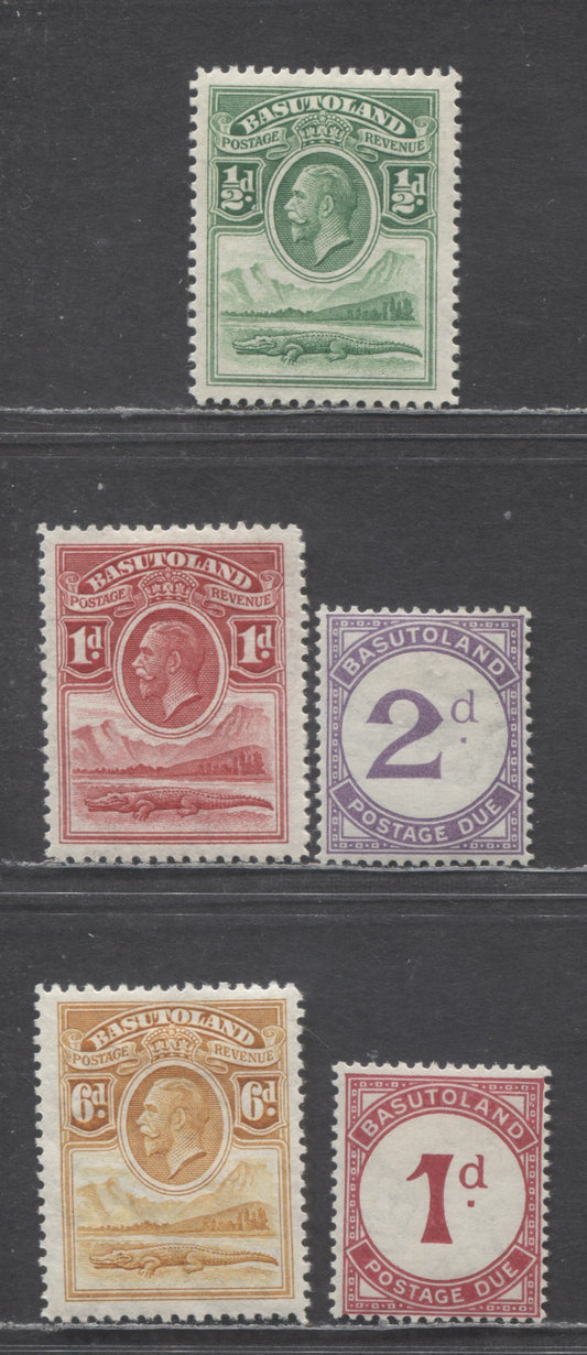 Lot 52 Basutoland SC#1/J2a 1933 KGV & Crocodile Definitives & Postage Dues, Postage Dues On Ordinary Paper, 5 F/VFOG Singles, Click on Listing to See ALL Pictures, 2022 Scott Classic Cat. $22