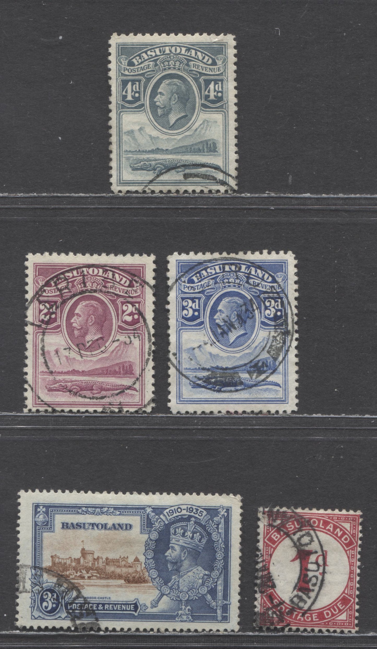 Lot 53 Basutoland SC#3/J1a 1933 KGV & Crocodile Definitives & Postage Dues, 1d Postage Due On Ordinary Paper, Postally Used, 5 Fine Used Singles, Click on Listing to See ALL Pictures, Estimated Value $15