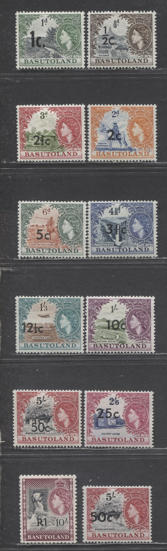 Lot 60 Basutoland SC#61-71 1961 New Currency Surcharges, Includes 66a (Type 1), 70a (Type 1), 11 F/VFOG Singles, Estimated Value $30