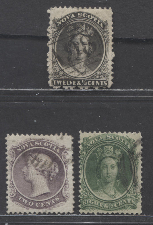 Lot 6 Nova Scotia #9,11,13a 2c, 8 1/2c,12 1/2c , 1860 - 1853 Queen Victoria Issue, 3 Good-Fine Used SIngles