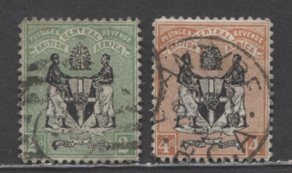 Lot 65 British Central Africa SC#33-34 1896 Arms Issue, Crown CA Wmk, 2 Fine/Very Fine Used Singles, Estimated Value $20