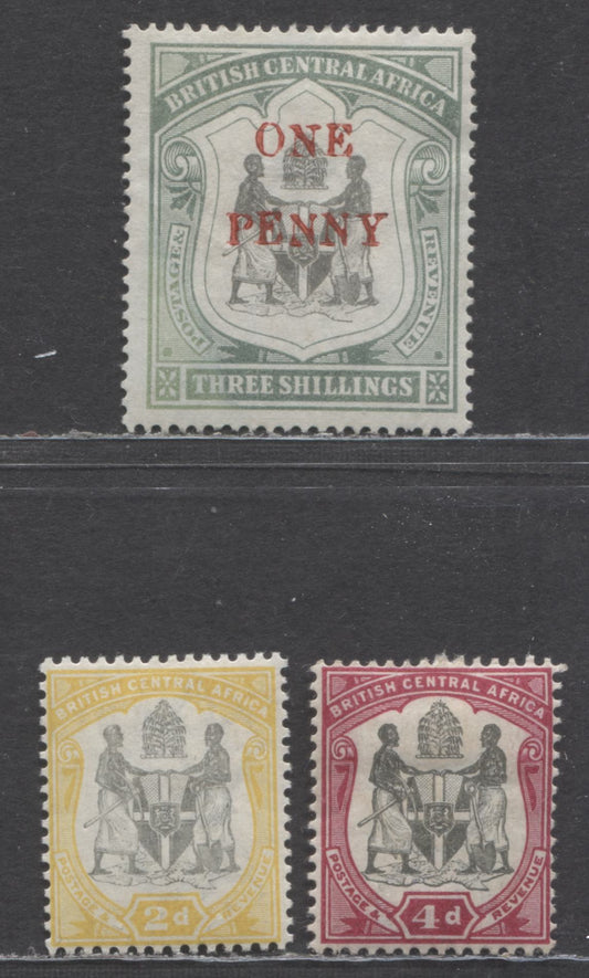 Lot 66 British Central Africa SC#45/57 1897-1901 Arms Issue, 1p on 3sh No Gum, 3 VFOG & Unused Singles, Click on Listing to See ALL Pictures, Estimated Value $20
