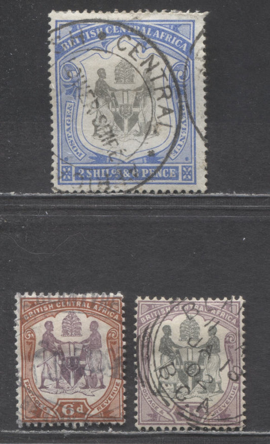 Lot 67 British Central Africa SC#49-51 1897-1901 Arms Issue, 2/6d Has A Few Short Perfs At UR, 3 Very Good/Very Fine Used Singles, Estimated Value $27