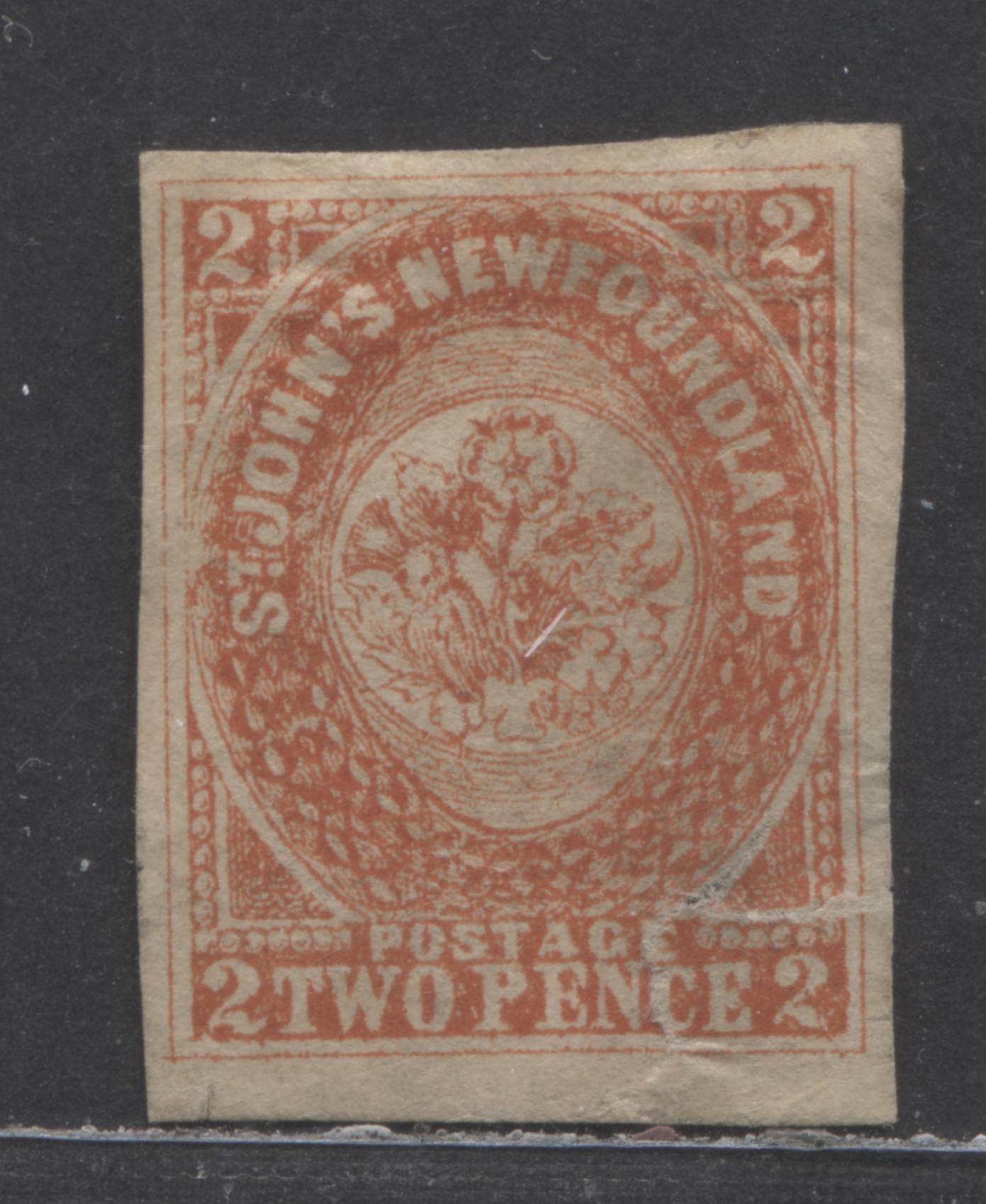 Lot 7 Newfoundland #11f 2d Orange, 1860 Second Issue, A Ungraded Single of a Lithographed Forgery, Sold for Reference Only