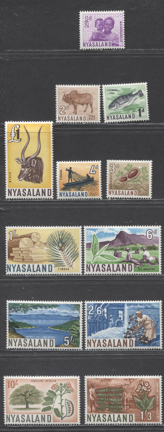 Lot 81 Nyasaland SC#123-134 1964 Definitives, 1/2d, 2d & 4d Are On Fluorescent Papers, 12 VFOG Singles, Click on Listing to See ALL Pictures, Estimated Value $13