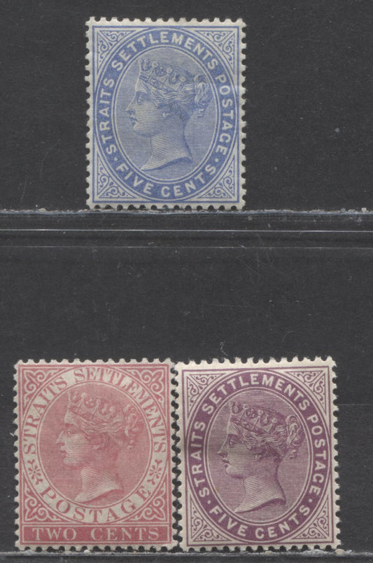 Lot 86 Straits Settlements SC#41a/47 1882-1899 Queen Victoria Issue, 5c Ultramarine - No Gum, Others Full Gum, Crown CA Wmk, 3 VFOG & Unused Singles, Estimated Value $65