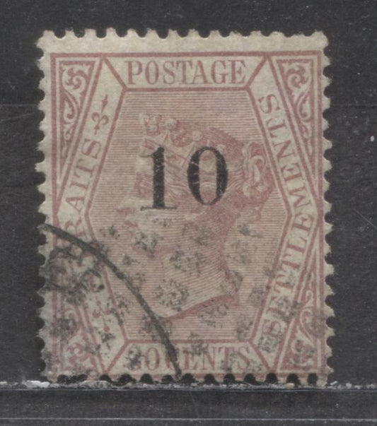 Lot 88 Straits Settlements SC#25c 10c on 30c Claret 1880 Surcharge Issue, Scarce Surcharge Type "M", Slight Thinning Along LL Corner, But Very Scarce Type , A Very Good Used Single, Estimated Value $275