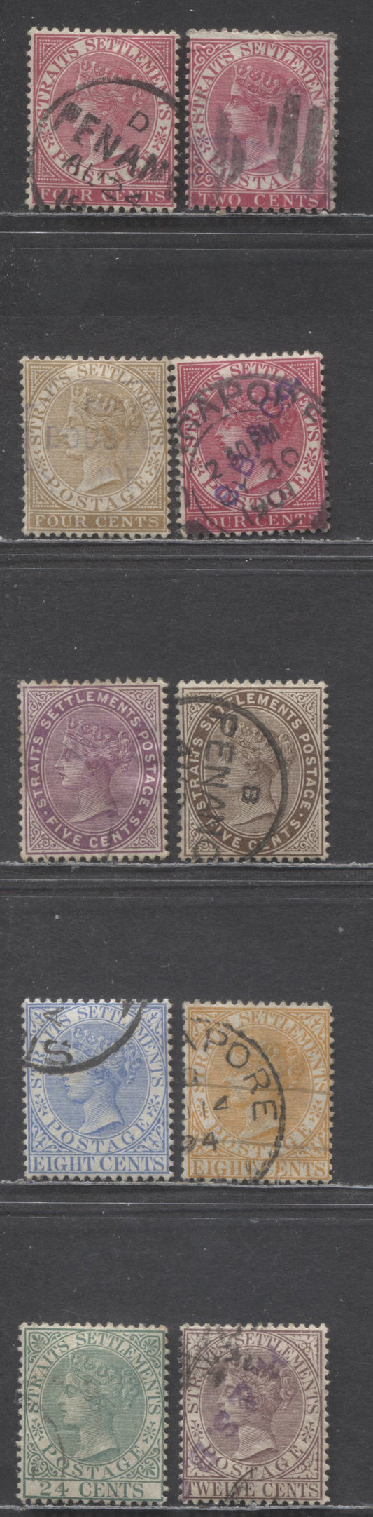 Lot 89 Straits Settlements SC#41/52 1882-1899 Queen Victoria Issue, Including 12c Brown Violet, Crown CA Wmk, 10 Fine/Very Fine Used Singles, Click on Listing to See ALL Pictures, Estimated Value $35