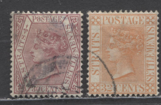 Lot 91 Straits Settlements SC#55-56 1887-1891 Queen Victoria Issue, Crown CA Wmk, 2 Very Fine Used Singles, 2022 Scott Classic Cat. $29.5