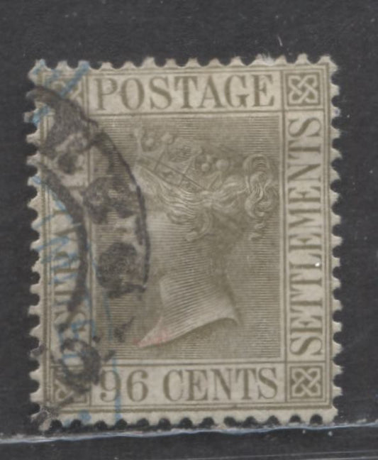 Lot 92 Straits Settlements SC#57 96c Olive Gray 1888 Queen Victoria Issue, Crown CA Wmk, A Fine/Very Fine Used Single, Click on Listing to See ALL Pictures, Estimated Value $50