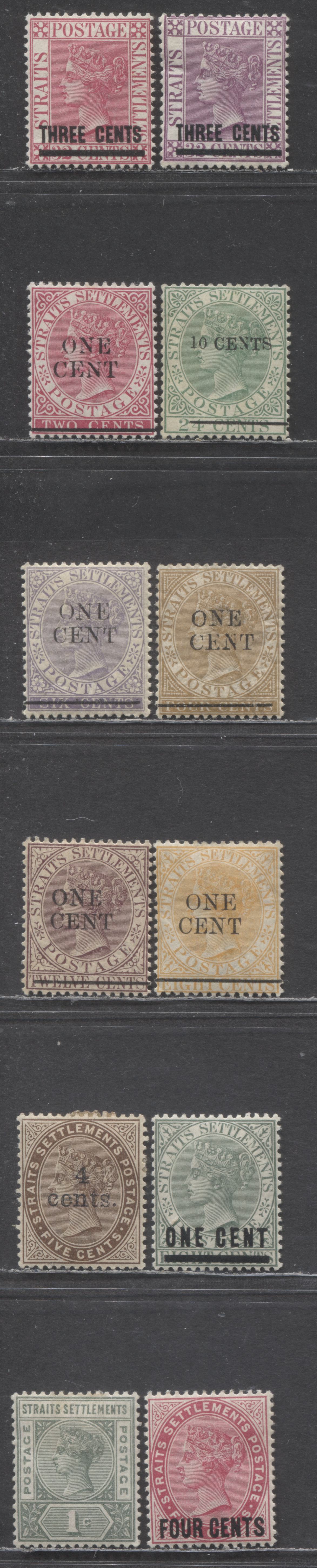 Lot 93 Straits Settlements SC#73/92 1885-1899 Surcharges & Imperium Keyplates Issues, 12 F/VFOG & Unused Singles, Click on Listing to See ALL Pictures, Estimated Value $35