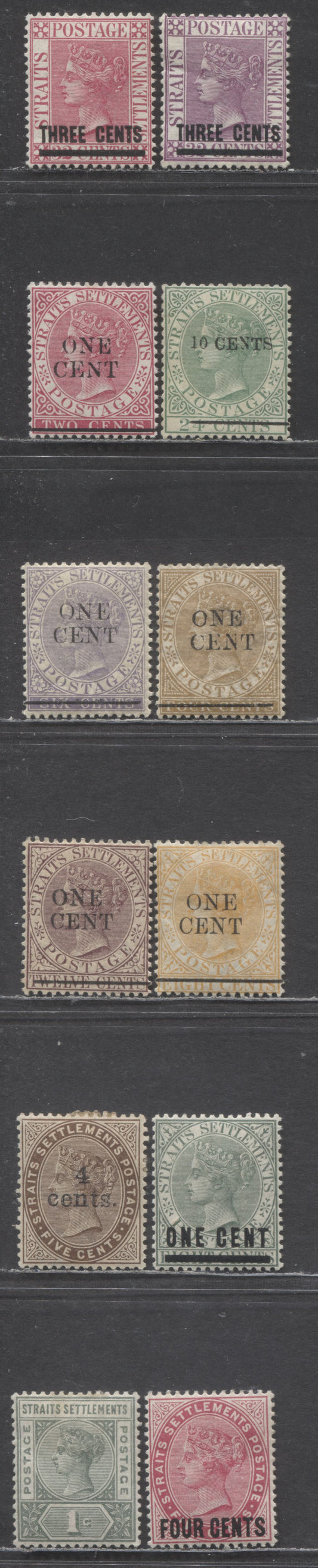 Lot 93 Straits Settlements SC#73/92 1885-1899 Surcharges & Imperium Keyplates Issues, 12 F/VFOG & Unused Singles, Click on Listing to See ALL Pictures, Estimated Value $35