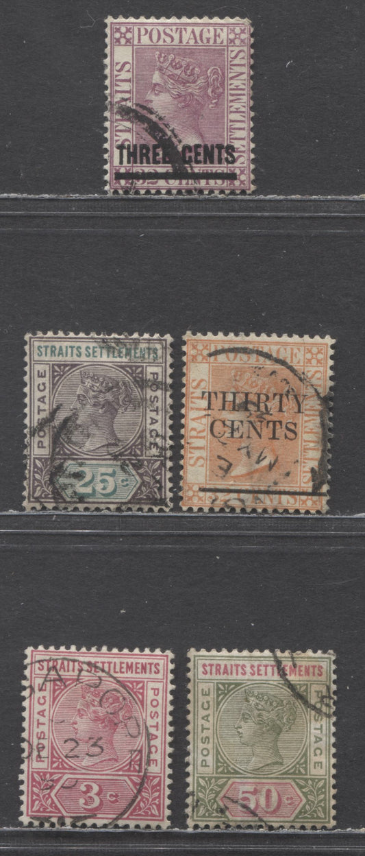 Lot 94 Straits Settlements SC#73/87 1885-1899 Surcharges & Imperium Keyplates Issues, 5 Fine/Very Fine Used Singles, Click on Listing to See ALL Pictures, Estimated Value $10