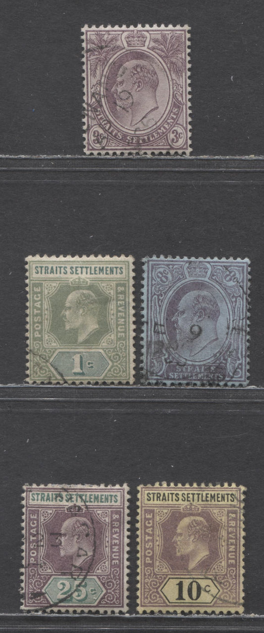 Lot 97 Straits Settlements SC#93a/108 1902 King Edward VII Keyplate Issue, Crown CA Wmk, 5 Fine/Very Fine Used Singles, Click on Listing to See ALL Pictures, 2022 Scott Classic Cat. $25.1