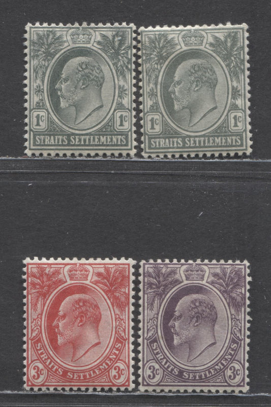 Lot 98 Straits Settlements SC#109 (127)/130 (153) 1904-1911 King Edward VII Issue, 1c On Ordinary & Chalky Paper & Others On Ordinary Paper, 4 F/VFOG Singles, Click on Listing to See ALL Pictures, Estimated Value $30