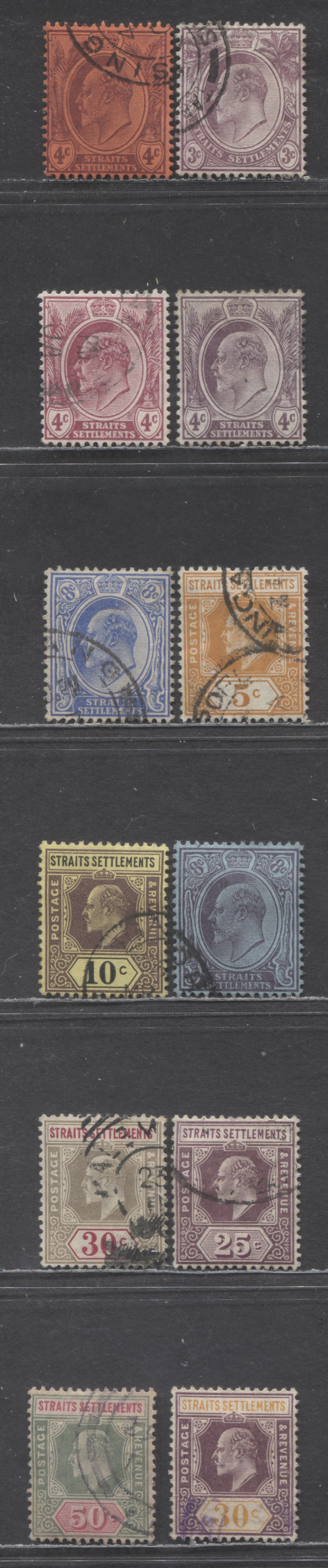 Lot 99 Straits Settlements SC#110/134 1904-1911 King Edward VII Issue, 3c, 4c, 25c, 30c, 50c On Chalky Paper, Rest On Ordinary Paper, Multiple Crown CA Wmk, 12 Fine/Very Fine Used Singles, Click on Listing to See ALL Pictures, Estimated Value $25